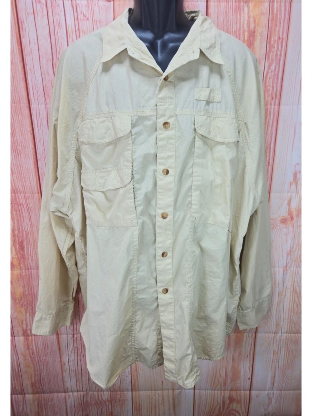 Orvis Beige Button-Down Long Sleeve XXL Shirt Outdoor Design Mesh Lining